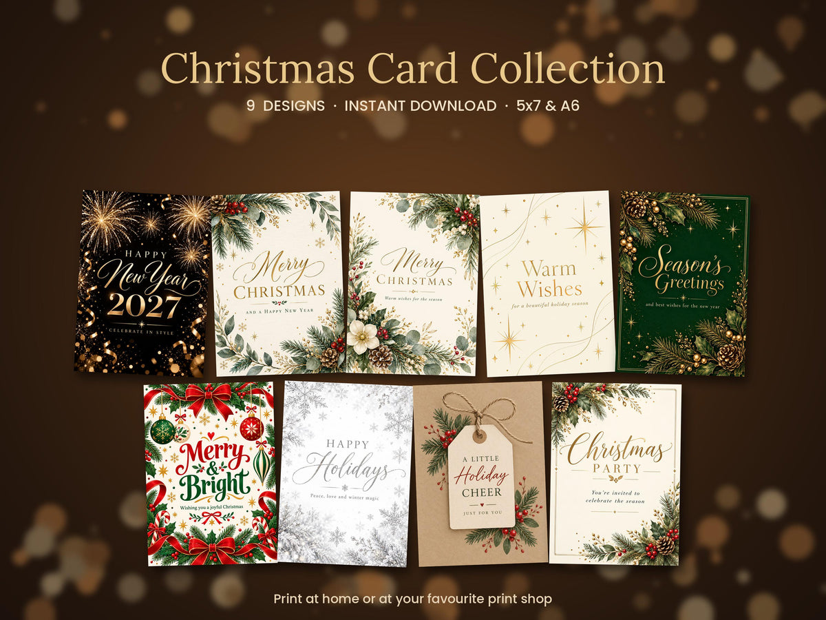 Printable Christmas Card Set, 9 Gold and Green Designs, New Year 2027, 5x7 and A6