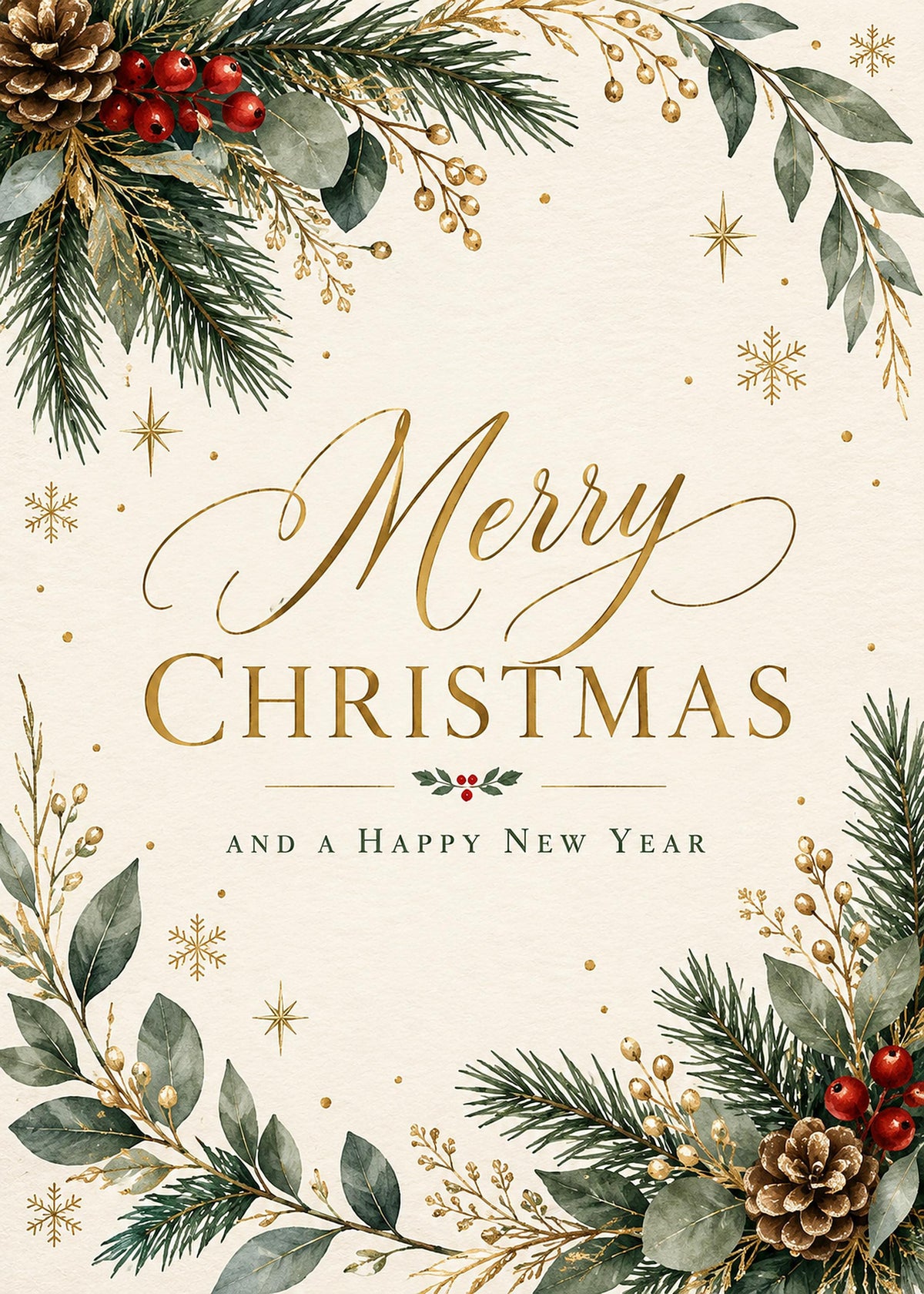 Printable Christmas Card Set, 9 Gold and Green Designs, New Year 2027, 5x7 and A6