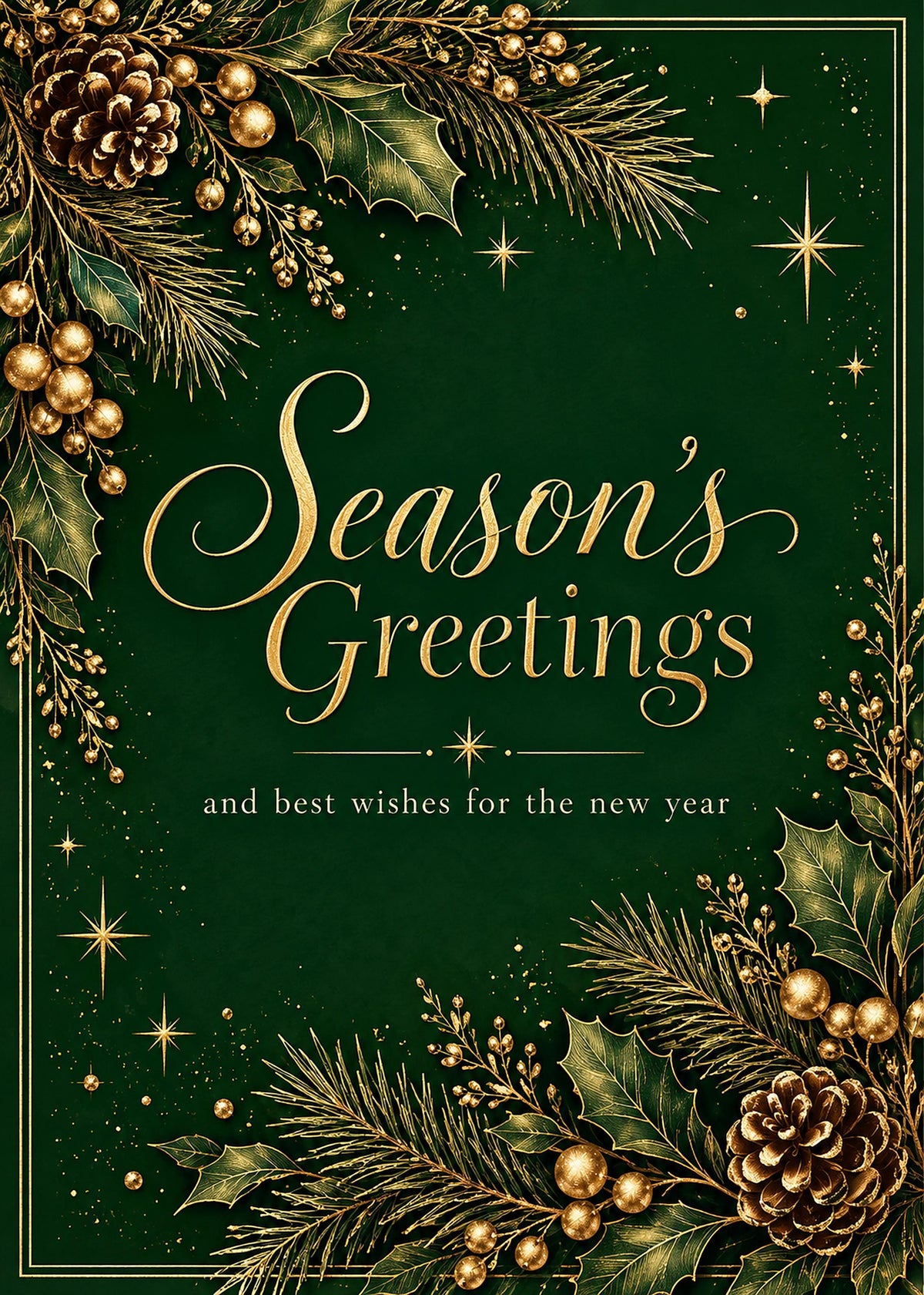 Printable Christmas Card Set, 9 Gold and Green Designs, New Year 2027, 5x7 and A6