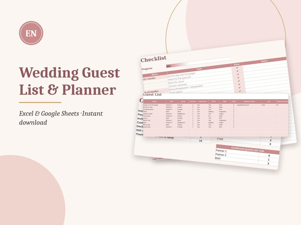 Wedding Guest List Spreadsheet, RSVP Tracker, Budget and Checklist, Excel and Google Sheets – 2