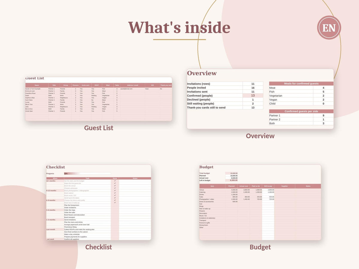 Wedding Guest List Spreadsheet, RSVP Tracker, Budget and Checklist, Excel and Google Sheets – 3