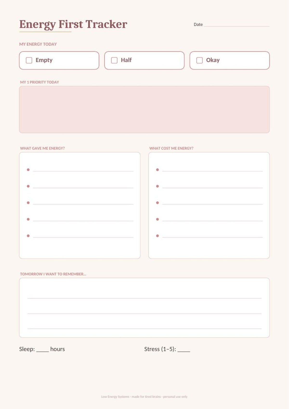 Low Energy Daily Tracker Printable, ADHD Friendly Energy Planner, Undated PDF – 3