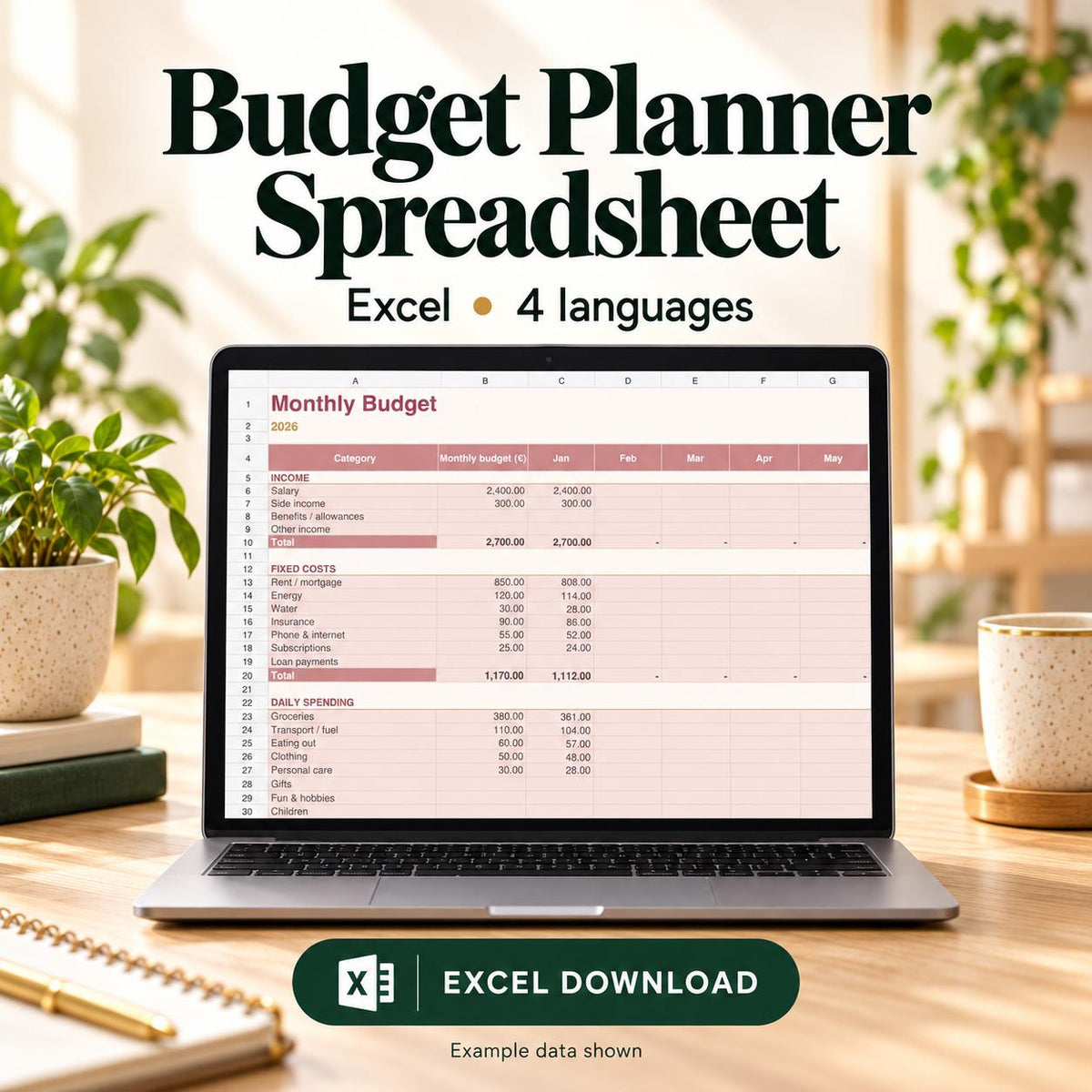 Budget Planner Spreadsheet, Monthly and Yearly Tracker, Savings Goals, Excel and Google Sheets – 1
