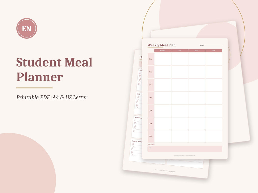 Student Meal Planner Printable, Budget Meal Plan, Grocery List and Recipe Cards, PDF – 2
