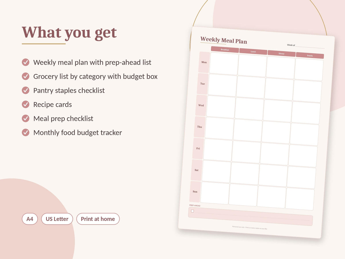 Student Meal Planner Printable, Budget Meal Plan, Grocery List and Recipe Cards, PDF – 4
