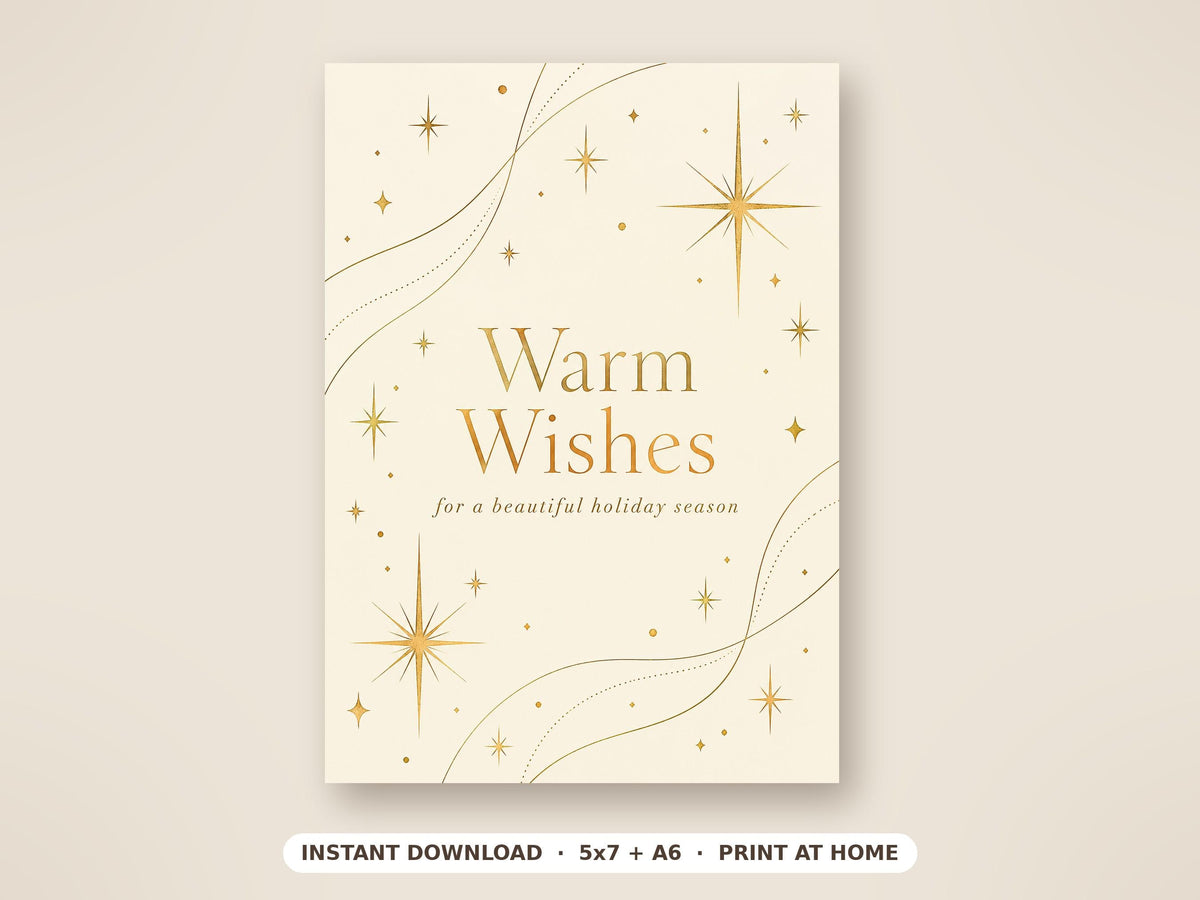 Printable Warm Wishes Holiday Card, Gold Stars, 5x7 and A6, JPG and PDF
