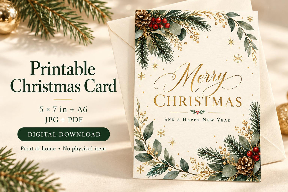 Printable Merry Christmas Card, Greenery and Gold, 5x7 and A6, JPG and PDF