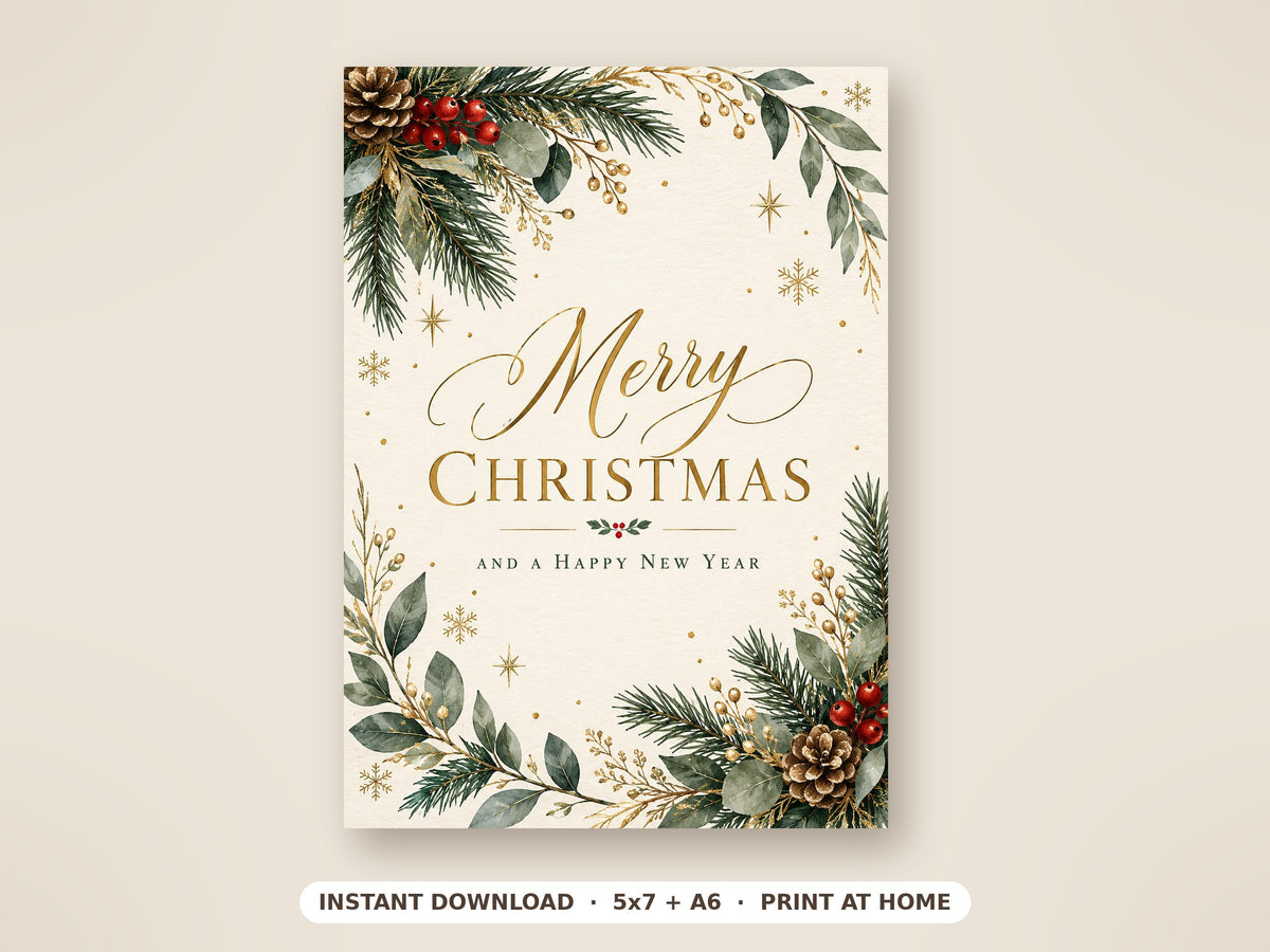 Printable Merry Christmas Card, Greenery and Gold, 5x7 and A6, JPG and PDF