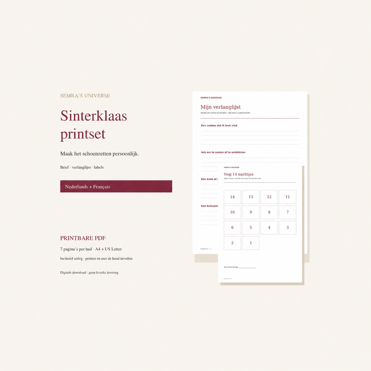 Sinterklaas Printable Kit, Letter, Wishlist, Gift Tags and Countdown, Dutch and French PDF
