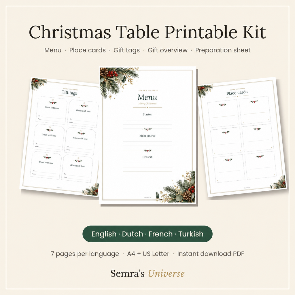 Christmas Table Printable Kit, Gift Tags, Menu and Place Cards, PDF in 4 Languages – 1