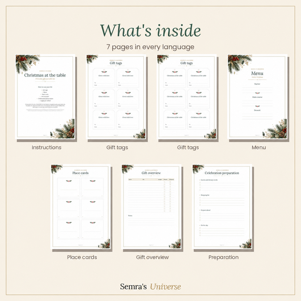 Christmas Table Printable Kit, Gift Tags, Menu and Place Cards, PDF in 4 Languages – 2