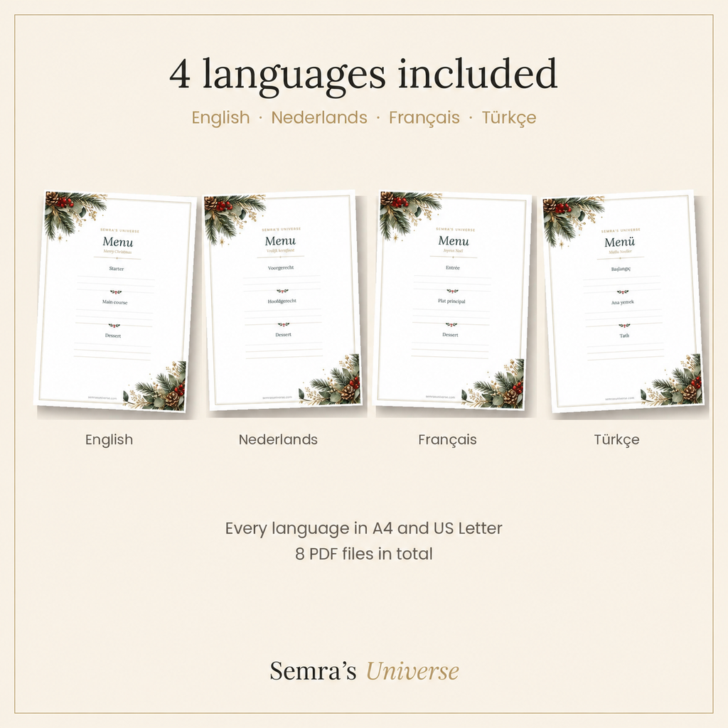 Christmas Table Printable Kit, Gift Tags, Menu and Place Cards, PDF in 4 Languages – 3