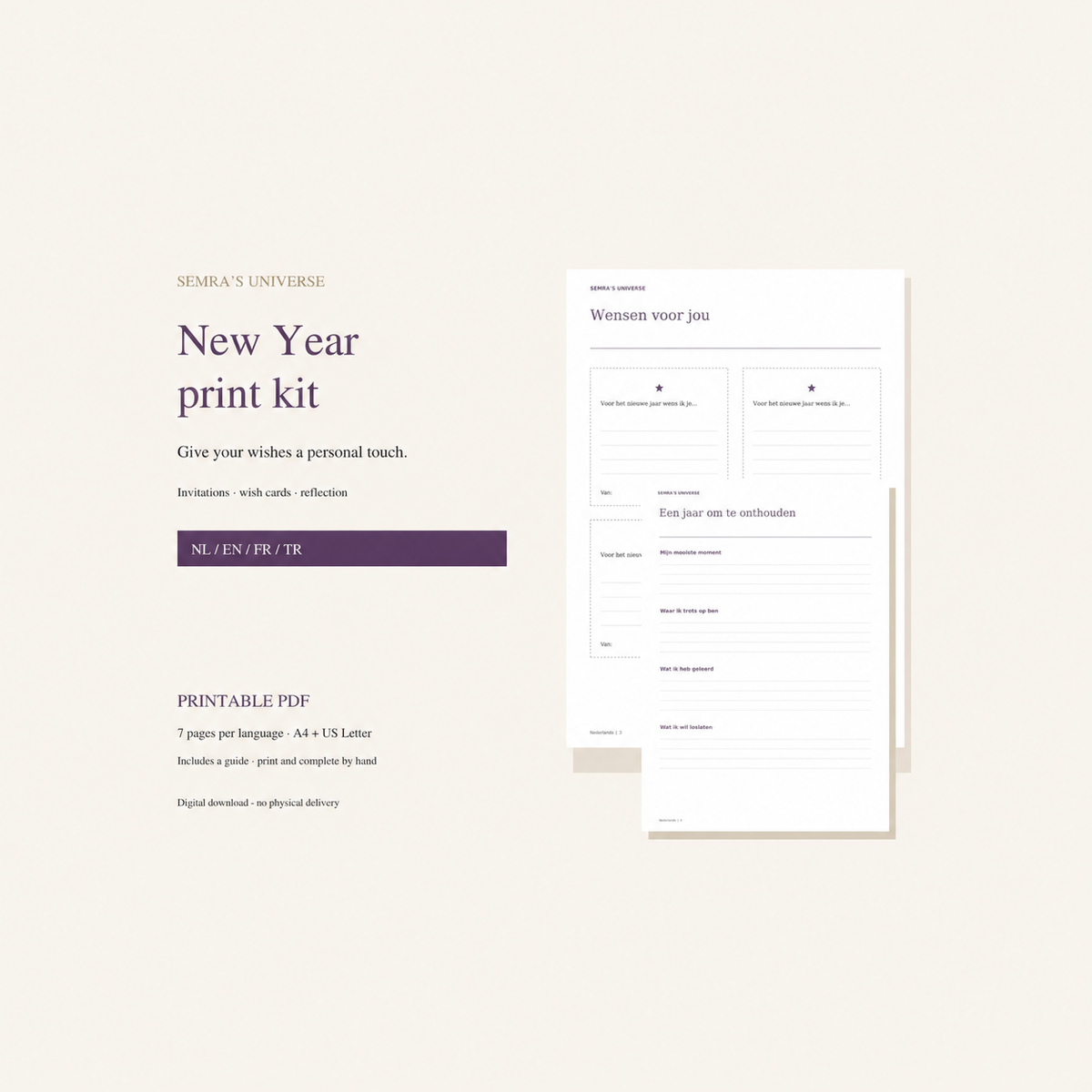 New Year Printable Kit, Invitations, Wish Cards and Party Planner, PDF in 4 Languages — Semra's Universe