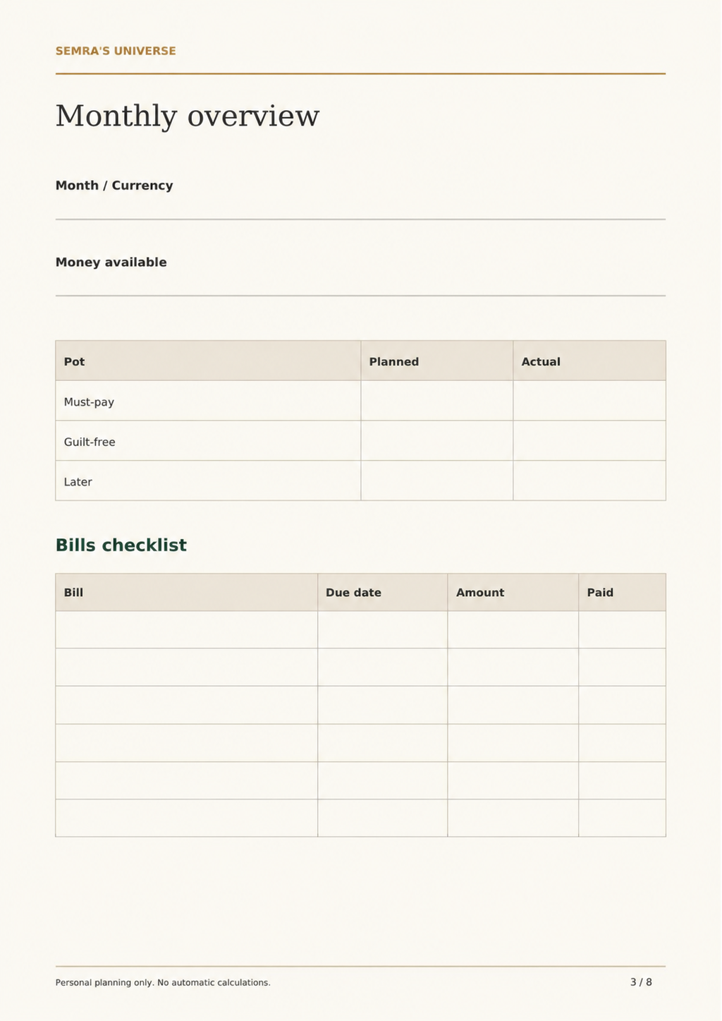 ADHD Budget Planner Printable, Simple 3 Pot Budget and Bill Checklist, PDF – 4