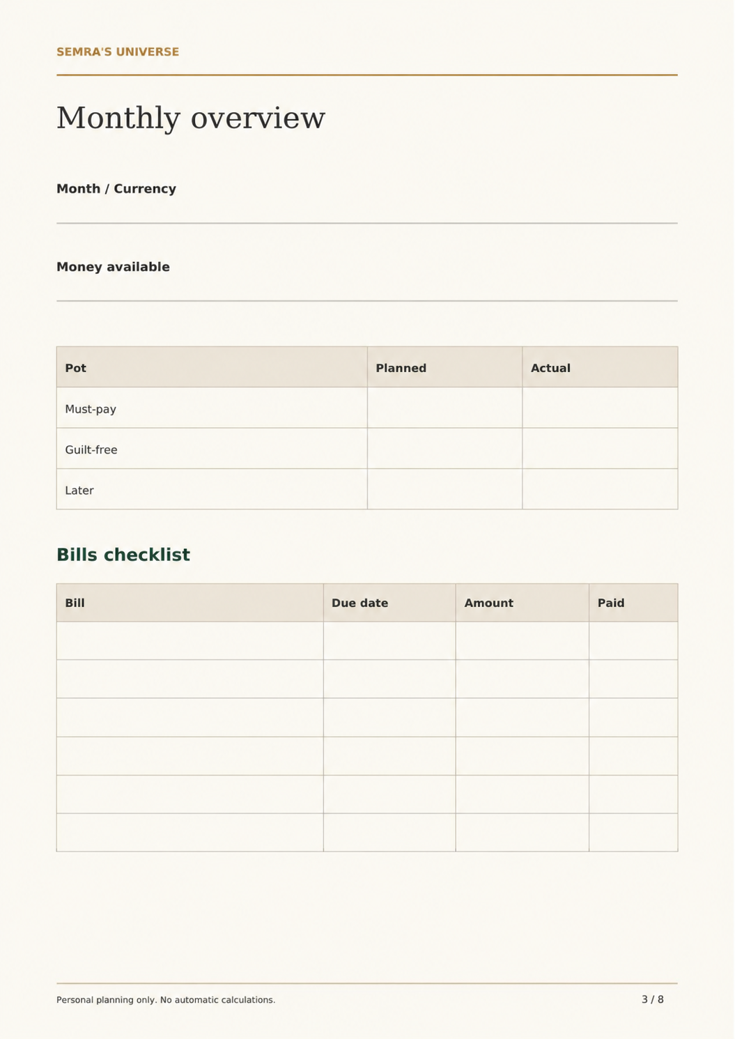 ADHD Budget Planner Printable, Simple 3 Pot Budget and Bill Checklist, PDF – 4