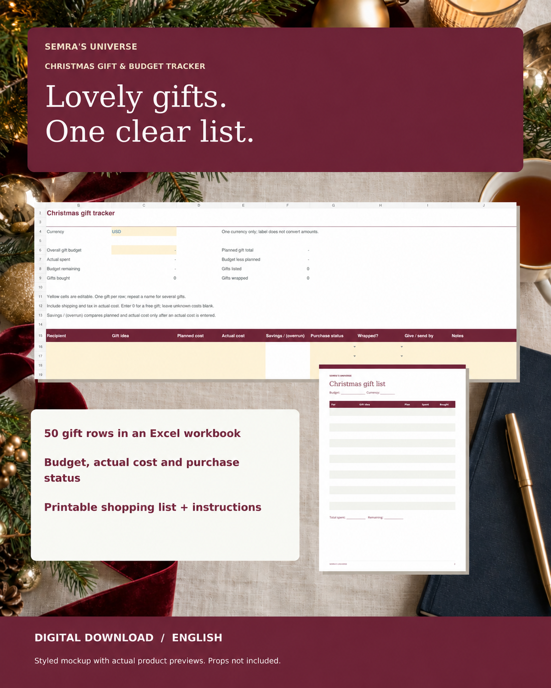 Christmas Gift Budget Tracker for Excel – 50 Gifts + Printable Shopping List — Semra's Universe