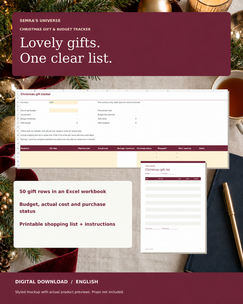 Christmas Gift Budget Tracker for Excel – 50 Gifts + Printable Shopping List — Semra's Universe