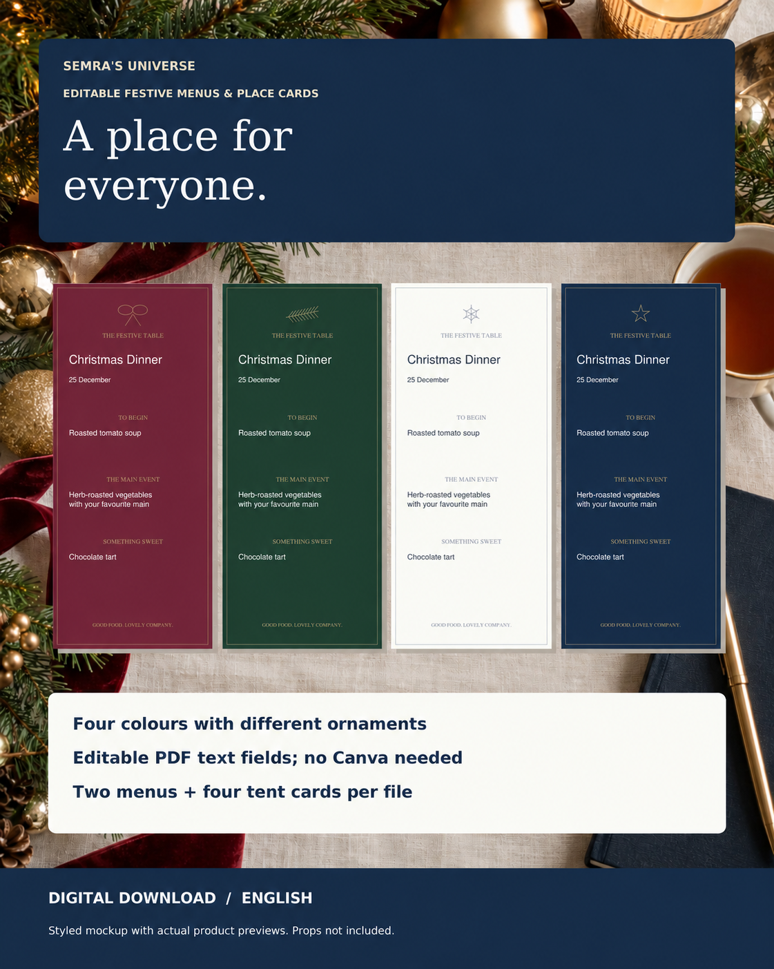 Editable Christmas Menu & Place Cards – 4 Colour Styles — Semra's Universe