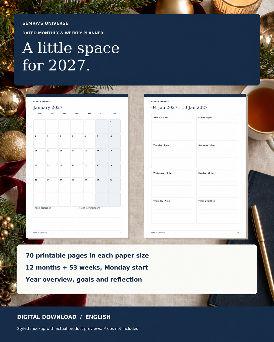 Simple 2027 Printable Planner – Monthly & Weekly, Monday Start — Semra's Universe