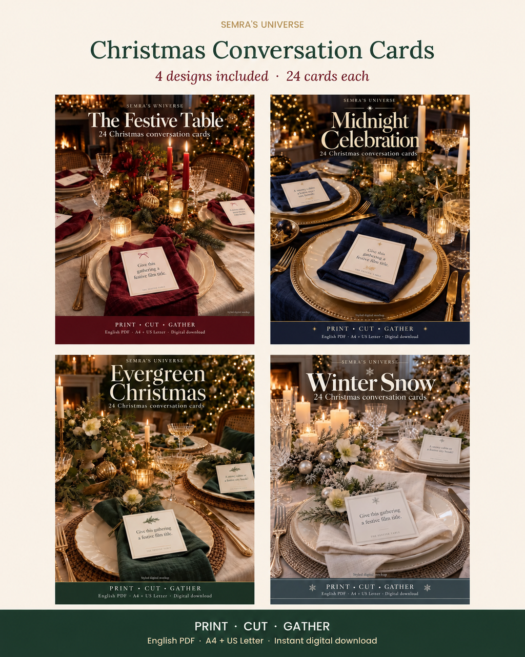 Christmas Conversation Cards, 4 Designs, 24 Printable Dinner Table Questions, Friendsmas Game, A4 and US Letter PDF — Semra's Universe — 1
