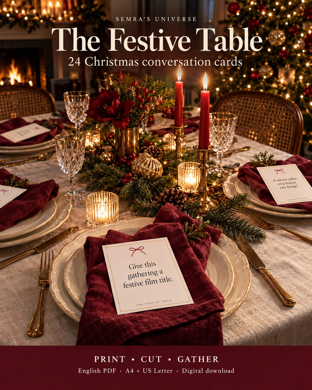 Christmas Conversation Cards, 4 Designs, 24 Printable Dinner Table Questions, Friendsmas Game, A4 and US Letter PDF — Semra's Universe — 2