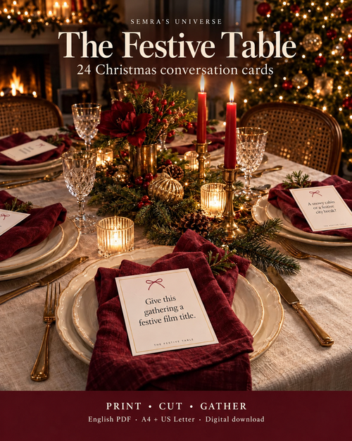 Christmas Conversation Cards, 4 Designs, 24 Printable Dinner Table Questions, Friendsmas Game, A4 and US Letter PDF — Semra's Universe — 2