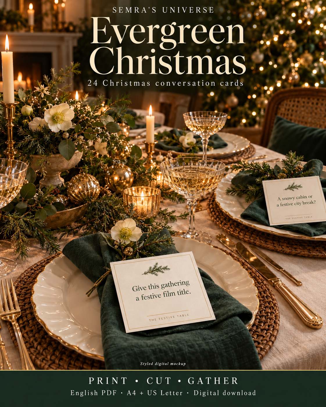 Christmas Conversation Cards, 4 Designs, 24 Printable Dinner Table Questions, Friendsmas Game, A4 and US Letter PDF — Semra's Universe — 4