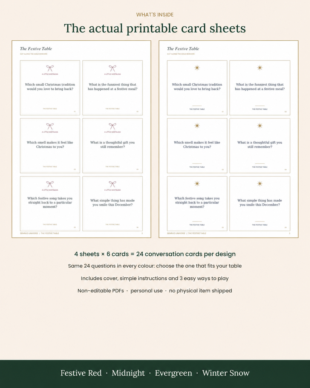 Christmas Conversation Cards, 4 Designs, 24 Printable Dinner Table Questions, Friendsmas Game, A4 and US Letter PDF — Semra's Universe — 6