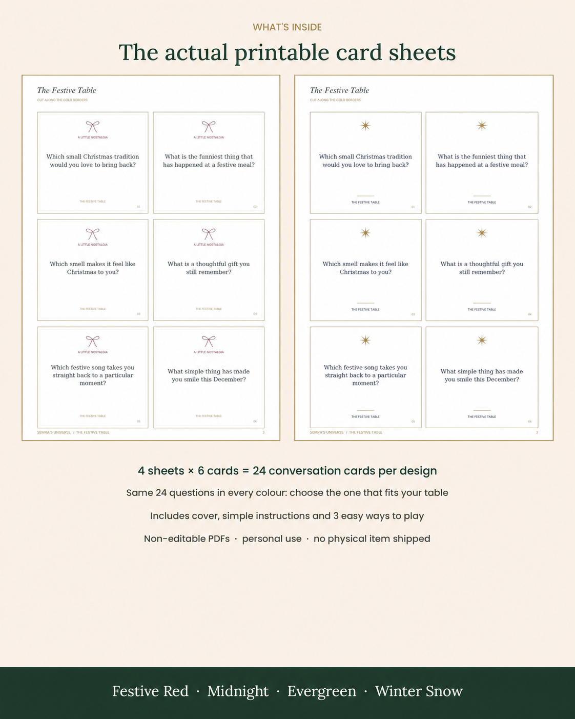 Christmas Conversation Cards, 4 Designs, 24 Printable Dinner Table Questions, Friendsmas Game, A4 and US Letter PDF — Semra's Universe — 6