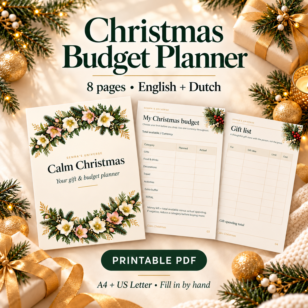 Christmas Budget Planner Printable, Gift List and Spending Tracker, English and Dutch PDF