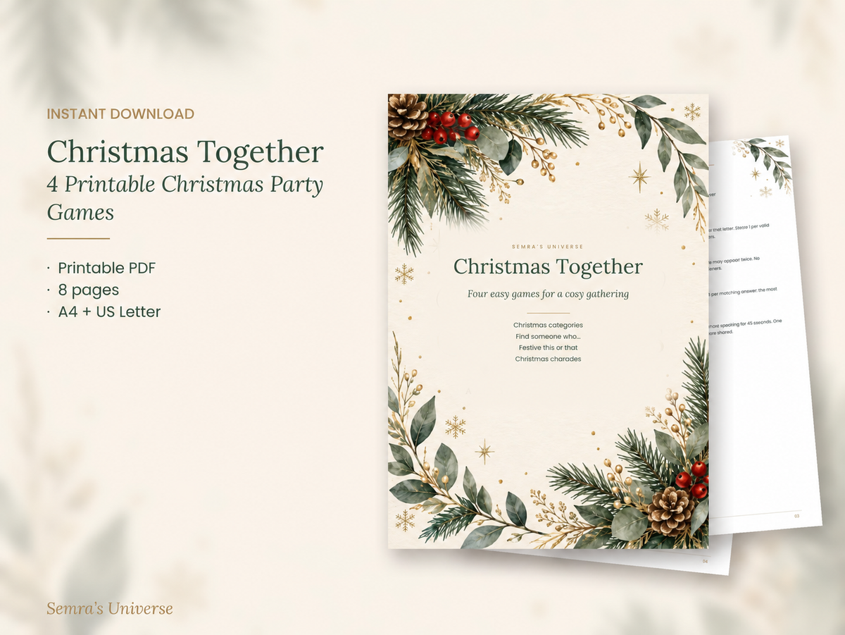 Printable Christmas Party Games, 4 Family Games, English and Dutch PDF