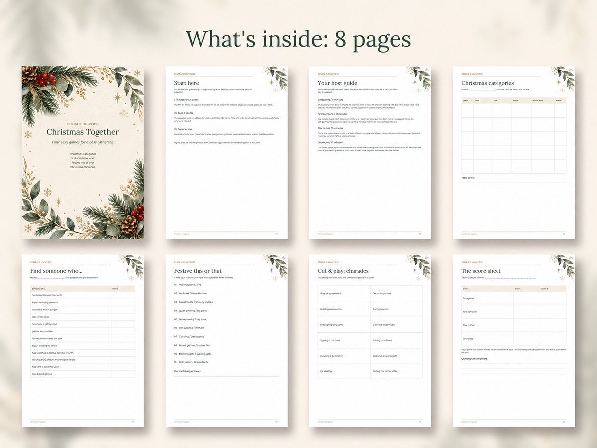 Printable Christmas Party Games, 4 Family Games, English and Dutch PDF