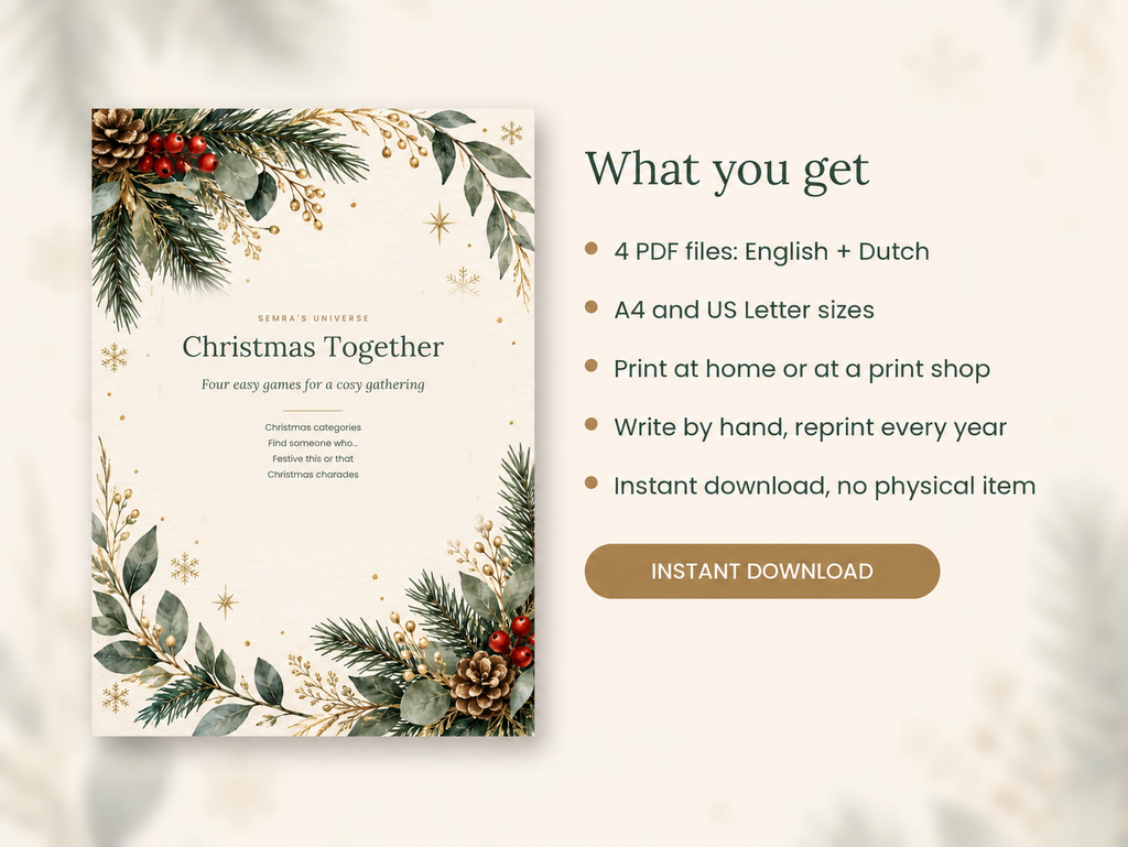 Printable Christmas Party Games, 4 Family Games, English and Dutch PDF
