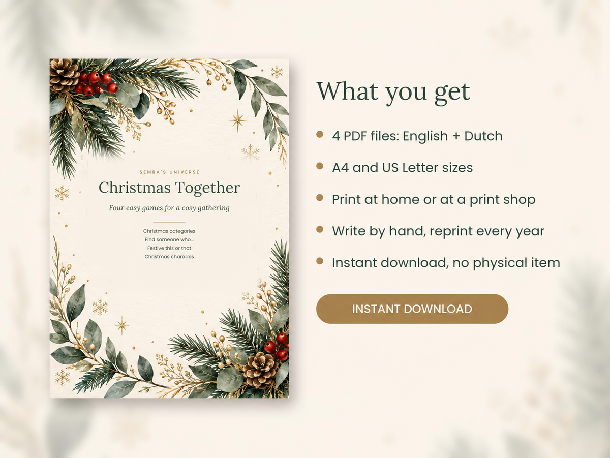 Printable Christmas Party Games, 4 Family Games, English and Dutch PDF