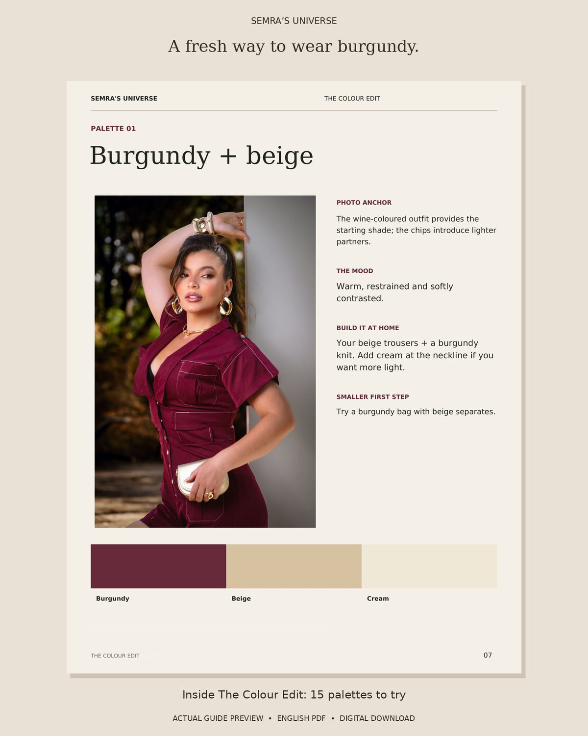 Preview of The Colour Edit: burgundy beige and cream palette and outfit recipe